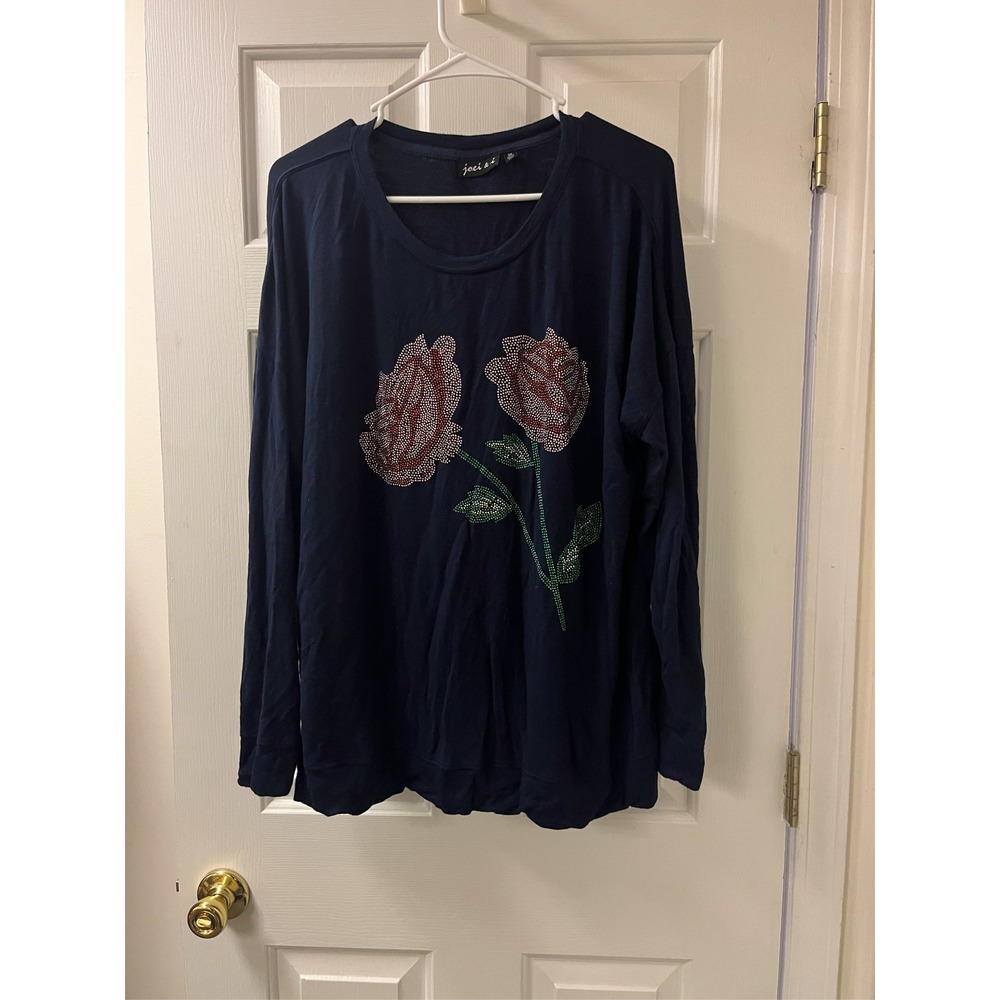 Joei & I Navy Blue Long Sleeve Rhinestone Rose Graphic Top Plus Size 2X